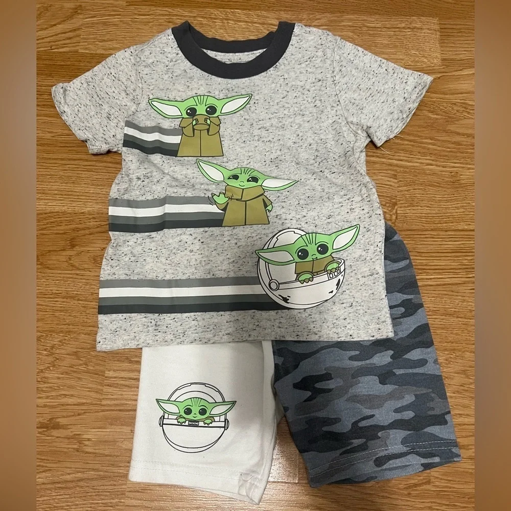 Star Wars Mandallorian Kids Gray and Green Shorts Set (Size 2T)
